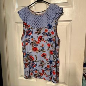 LAUREN CONRAD Womens L Blue Floral Knit Eyelet Lace Yoke Accents Tank Top